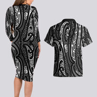 New Zealand Maori Taniko Couples Matching Long Sleeve Bodycon Dress and Hawaiian Shirt Black Kowhaiwhai Puhoro
