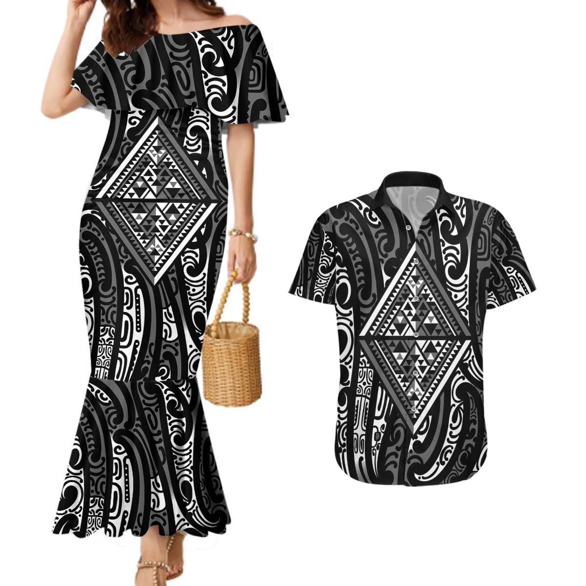 New Zealand Maori Taniko Couples Matching Mermaid Dress and Hawaiian Shirt Black Kowhaiwhai Puhoro