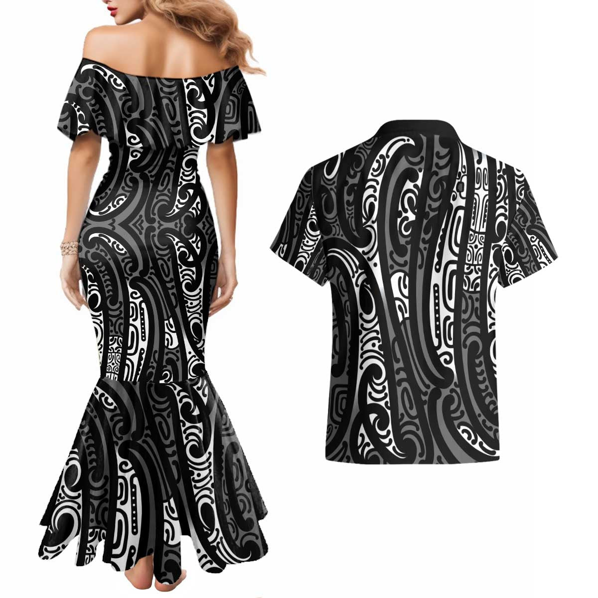 New Zealand Maori Taniko Couples Matching Mermaid Dress and Hawaiian Shirt Black Kowhaiwhai Puhoro