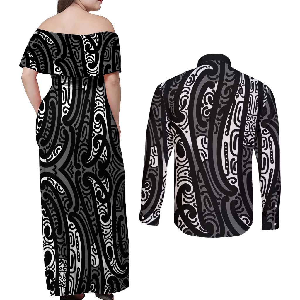 New Zealand Maori Taniko Couples Matching Off Shoulder Maxi Dress and Long Sleeve Button Shirt Black Kowhaiwhai Puhoro