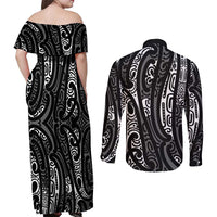 New Zealand Maori Taniko Couples Matching Off Shoulder Maxi Dress and Long Sleeve Button Shirt Black Kowhaiwhai Puhoro