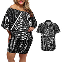 New Zealand Maori Taniko Couples Matching Off Shoulder Short Dress and Hawaiian Shirt Black Kowhaiwhai Puhoro