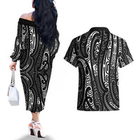 New Zealand Maori Taniko Couples Matching Off The Shoulder Long Sleeve Dress and Hawaiian Shirt Black Kowhaiwhai Puhoro