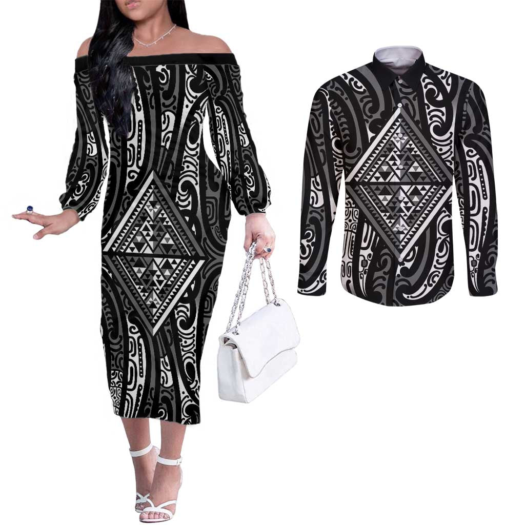 New Zealand Maori Taniko Couples Matching Off The Shoulder Long Sleeve Dress and Long Sleeve Button Shirt Black Kowhaiwhai Puhoro