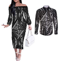 New Zealand Maori Taniko Couples Matching Off The Shoulder Long Sleeve Dress and Long Sleeve Button Shirt Black Kowhaiwhai Puhoro