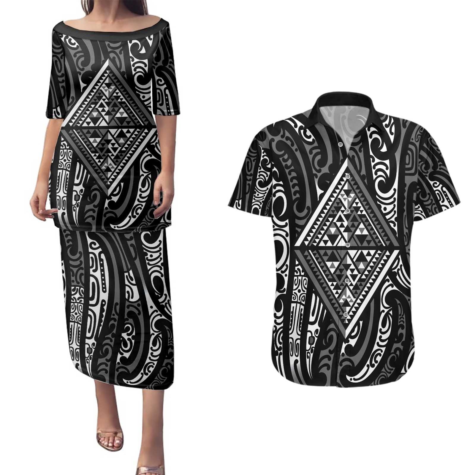 New Zealand Maori Taniko Couples Matching Puletasi and Hawaiian Shirt Black Kowhaiwhai Puhoro