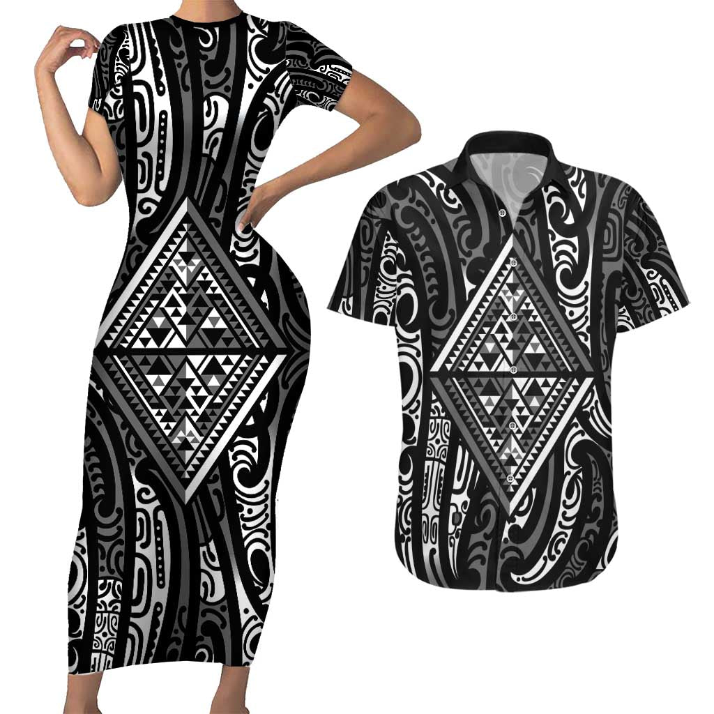 New Zealand Maori Taniko Couples Matching Short Sleeve Bodycon Dress and Hawaiian Shirt Black Kowhaiwhai Puhoro