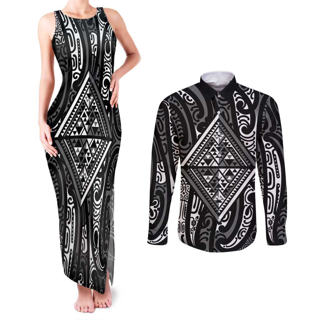 New Zealand Maori Taniko Couples Matching Tank Maxi Dress and Long Sleeve Button Shirt Black Kowhaiwhai Puhoro