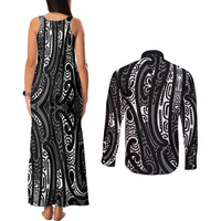 New Zealand Maori Taniko Couples Matching Tank Maxi Dress and Long Sleeve Button Shirt Black Kowhaiwhai Puhoro