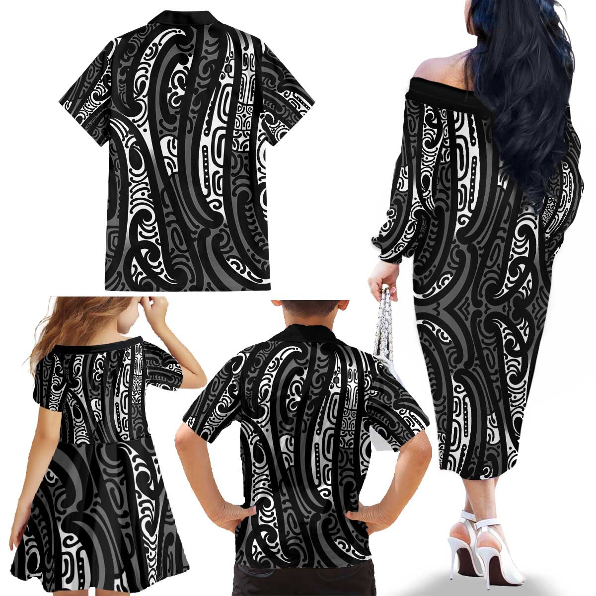 New Zealand Maori Taniko Family Matching Off The Shoulder Long Sleeve Dress and Hawaiian Shirt Black Kowhaiwhai Puhoro