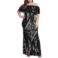 New Zealand Maori Taniko Family Matching Off Shoulder Maxi Dress and Hawaiian Shirt Black Kowhaiwhai Puhoro