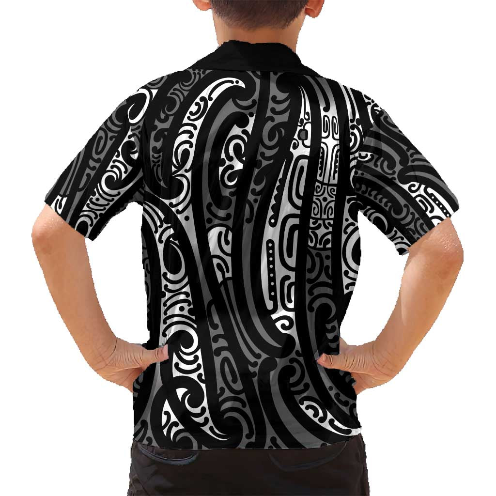 New Zealand Maori Taniko Family Matching Off Shoulder Short Dress and Hawaiian Shirt Black Kowhaiwhai Puhoro