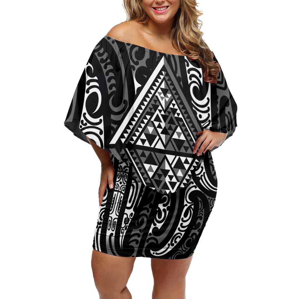 New Zealand Maori Taniko Family Matching Off Shoulder Short Dress and Hawaiian Shirt Black Kowhaiwhai Puhoro
