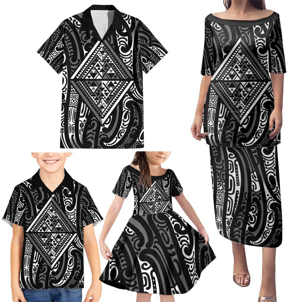 New Zealand Maori Taniko Family Matching Puletasi and Hawaiian Shirt Black Kowhaiwhai Puhoro