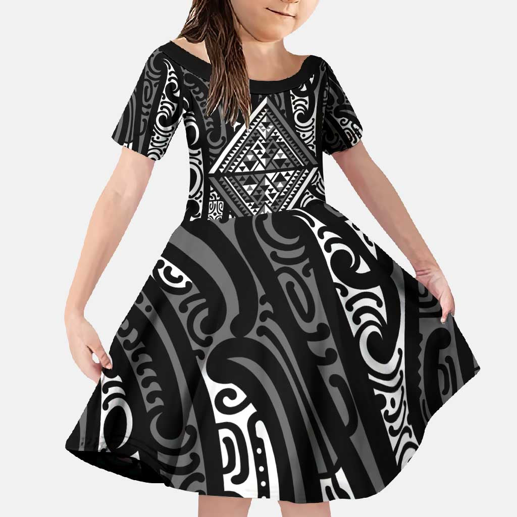 New Zealand Maori Taniko Family Matching Short Sleeve Bodycon Dress and Hawaiian Shirt Black Kowhaiwhai Puhoro