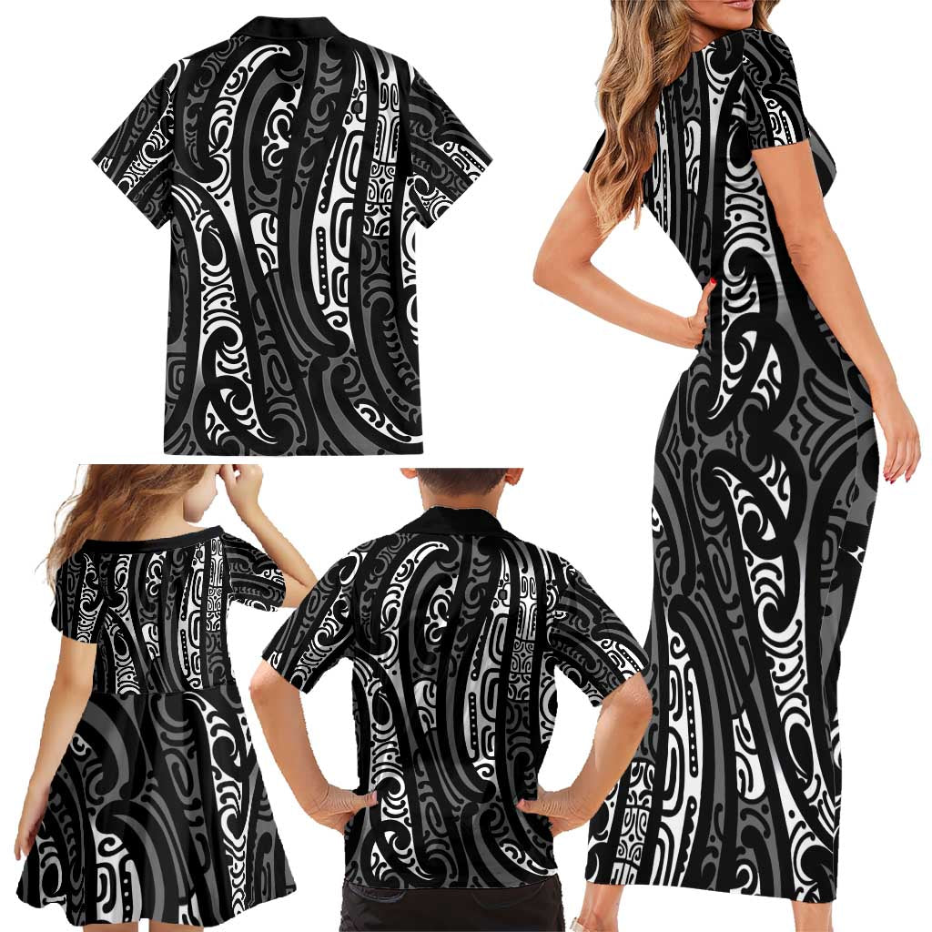 New Zealand Maori Taniko Family Matching Short Sleeve Bodycon Dress and Hawaiian Shirt Black Kowhaiwhai Puhoro