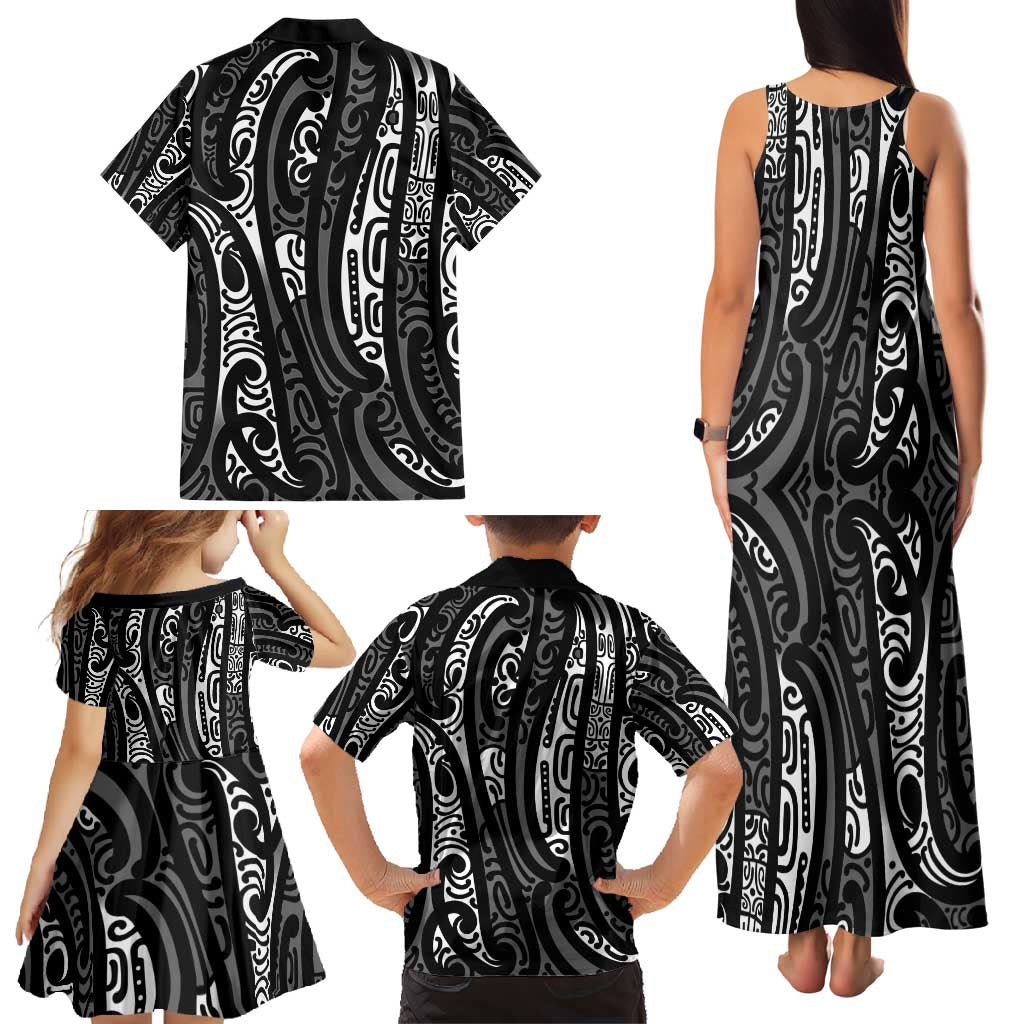 New Zealand Maori Taniko Family Matching Tank Maxi Dress and Hawaiian Shirt Black Kowhaiwhai Puhoro