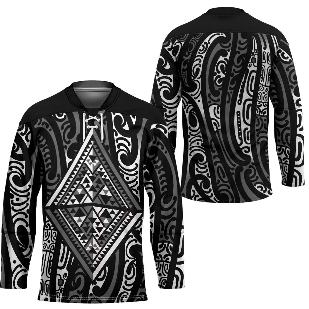 New Zealand Maori Taniko Hockey Jersey Black Kowhaiwhai Puhoro - Polynesian Pride