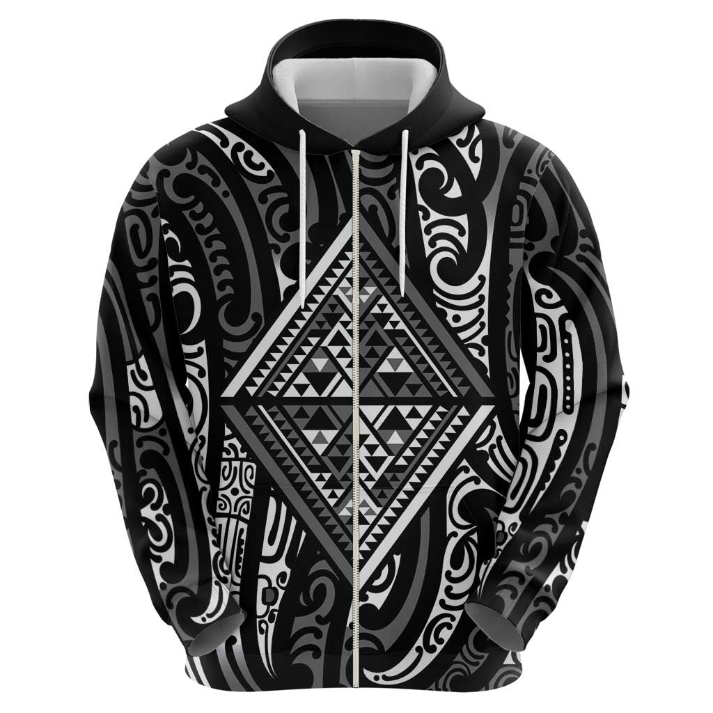 New Zealand Maori Taniko Hoodie Black Kowhaiwhai Puhoro