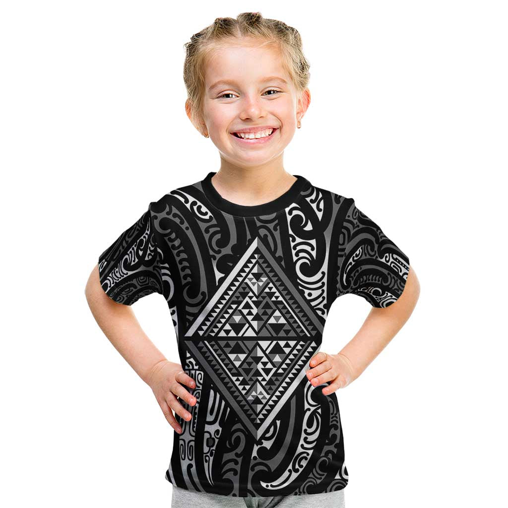 New Zealand Maori Taniko Kid T Shirt Black Kowhaiwhai Puhoro