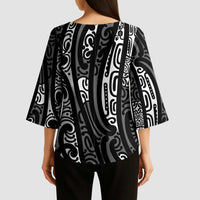 New Zealand Maori Taniko Kimono Sleeve Blouse Black Kowhaiwhai Puhoro - Polynesian Pride