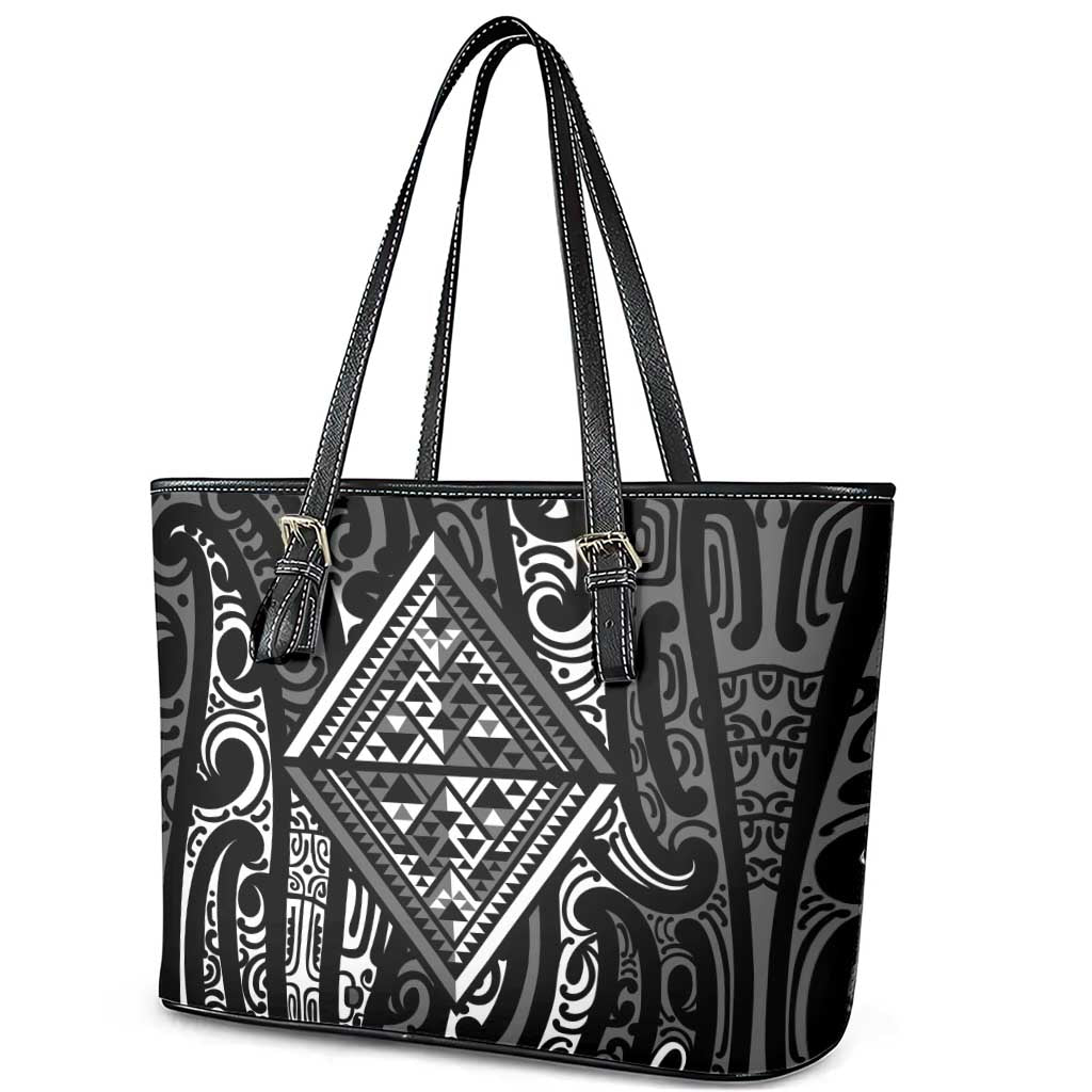 New Zealand Maori Taniko Leather Tote Bag Black Kowhaiwhai Puhoro