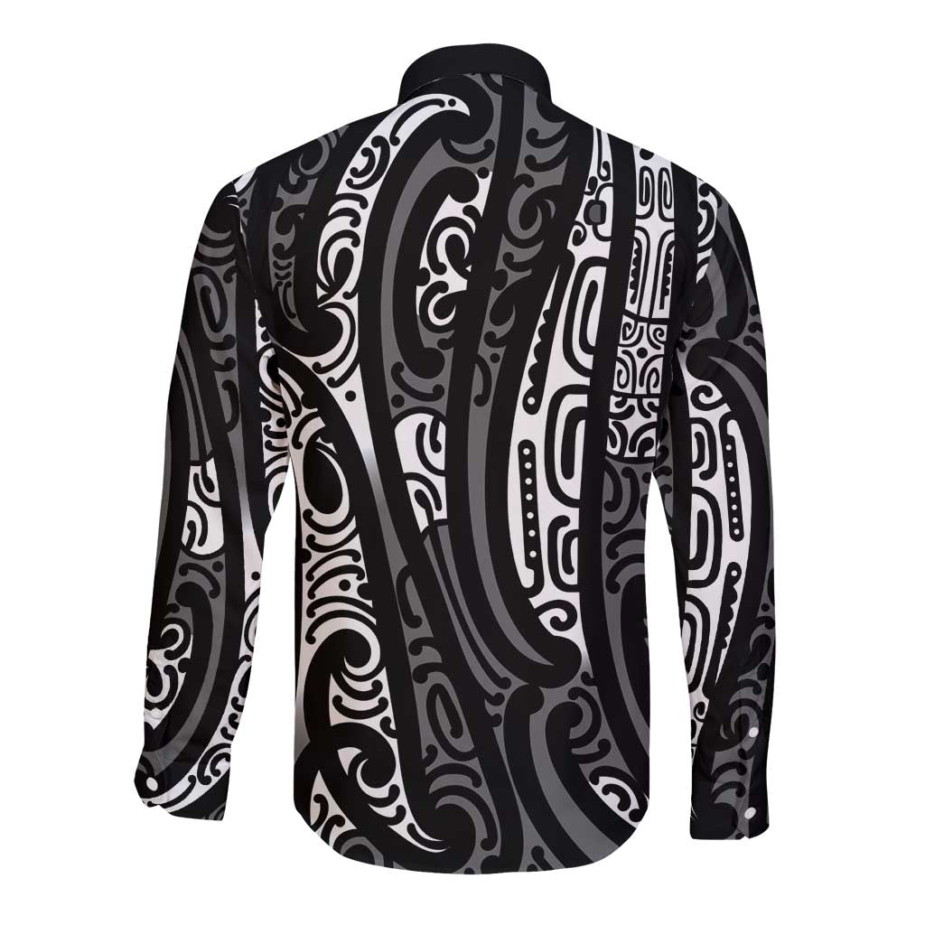New Zealand Maori Taniko Long Sleeve Button Shirt Black Kowhaiwhai Puhoro