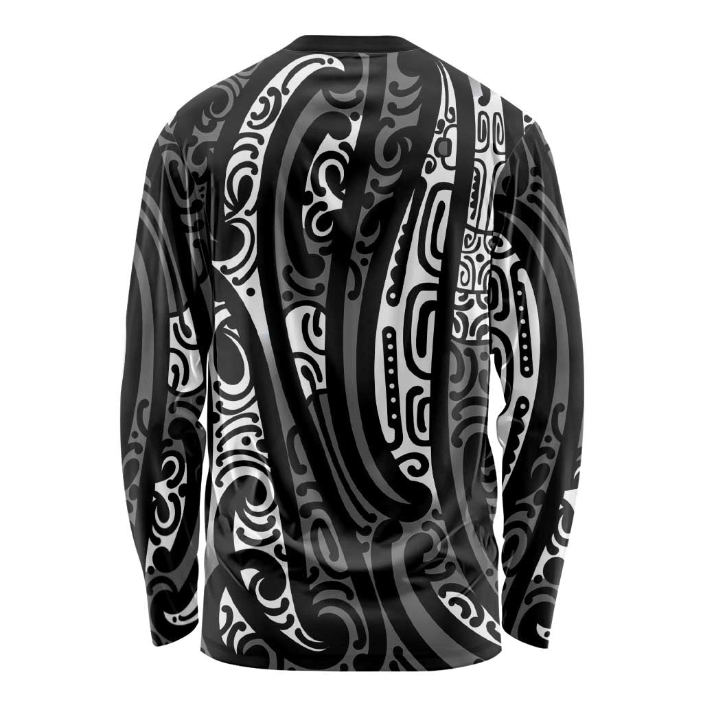 New Zealand Maori Taniko Long Sleeve Shirt Black Kowhaiwhai Puhoro