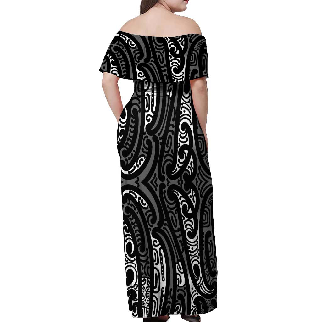 New Zealand Maori Taniko Off Shoulder Maxi Dress Black Kowhaiwhai Puhoro