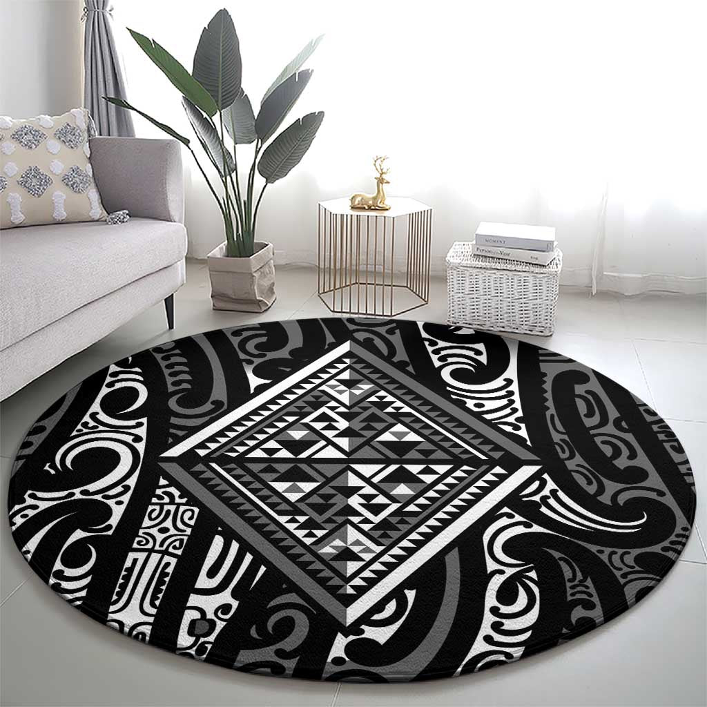 New Zealand Maori Taniko Round Carpet Black Kowhaiwhai Puhoro