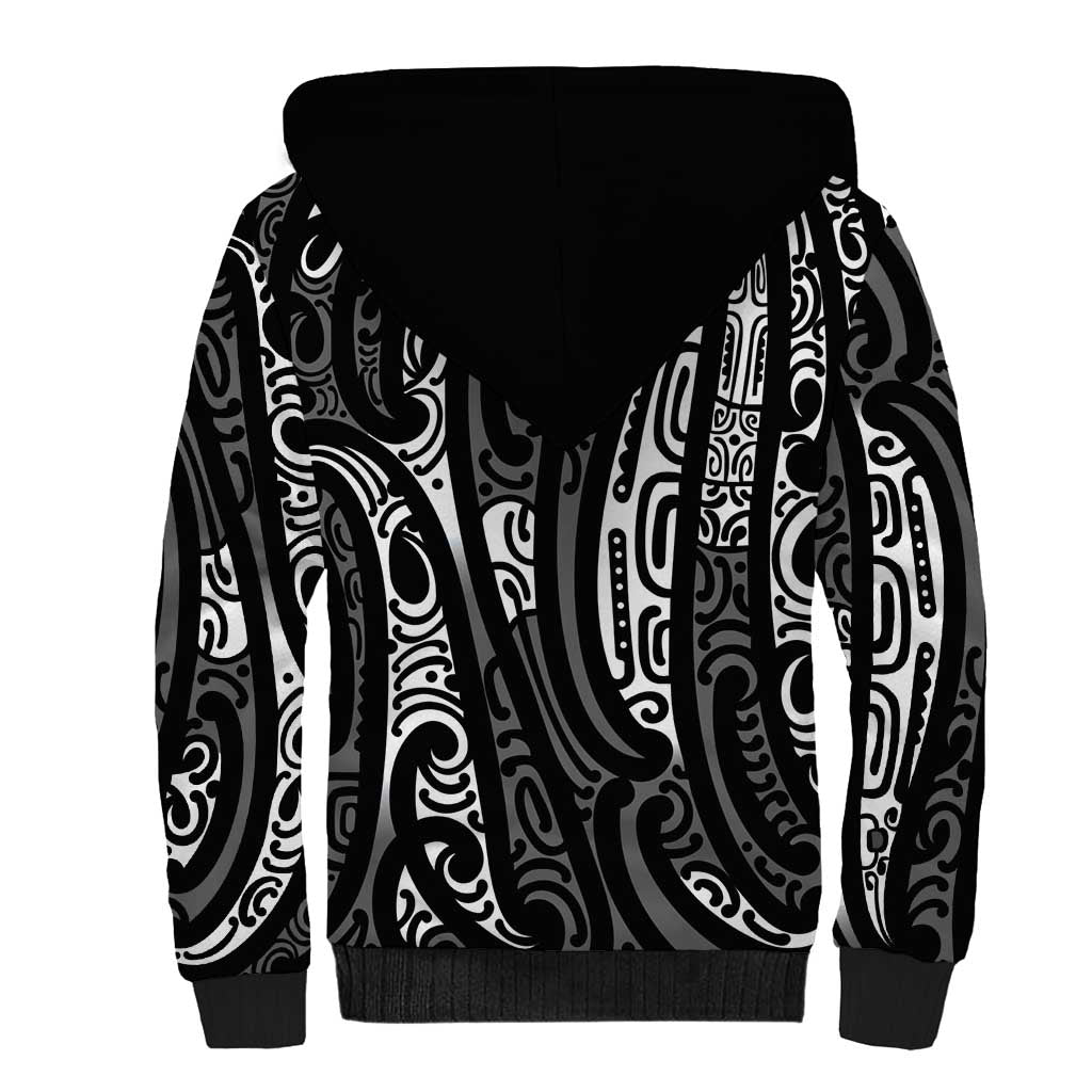New Zealand Maori Taniko Sherpa Hoodie Black Kowhaiwhai Puhoro