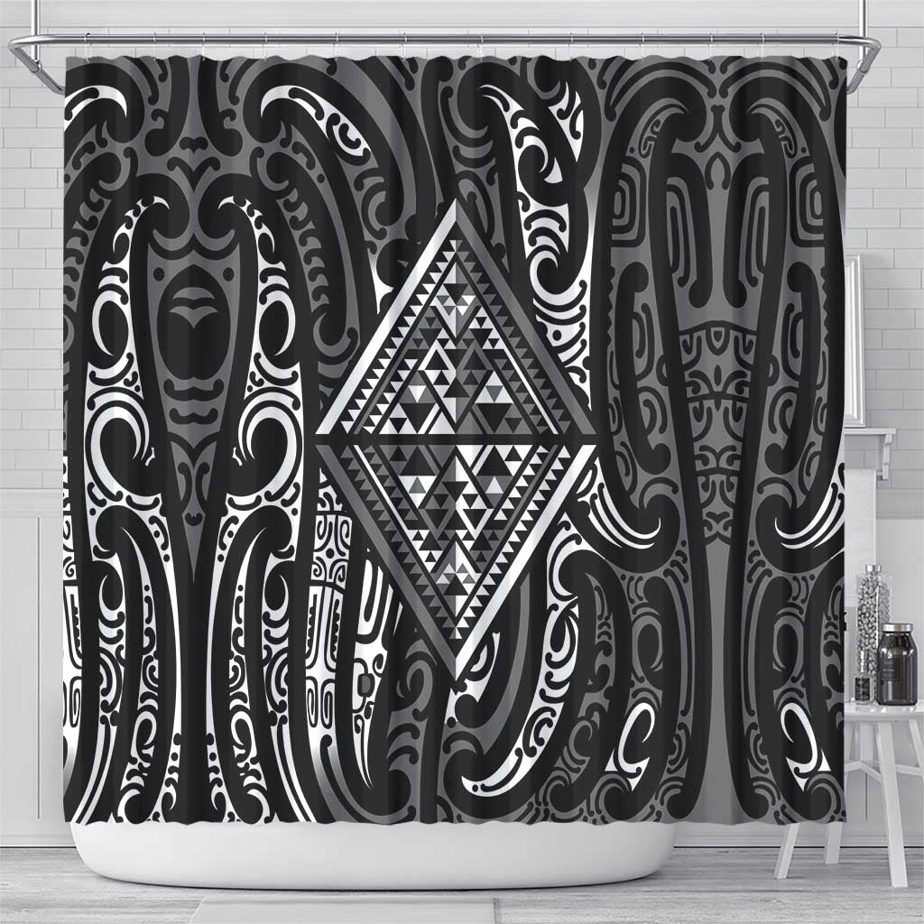 New Zealand Maori Taniko Shower Curtain Black Kowhaiwhai Puhoro