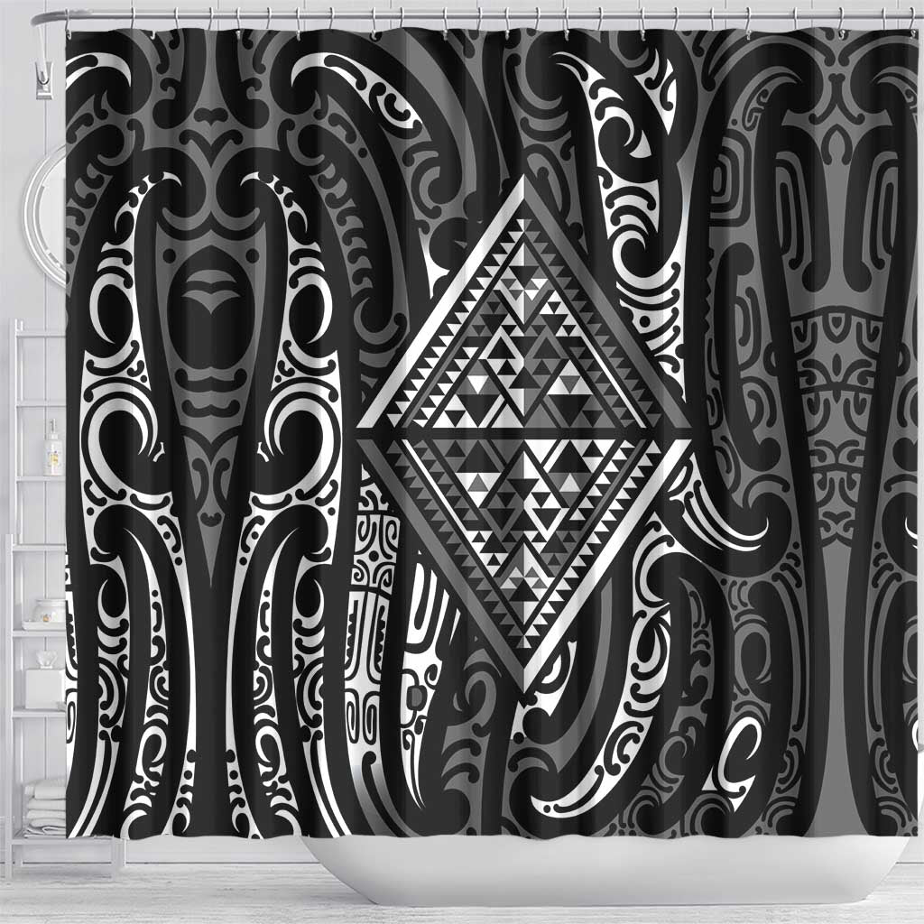 New Zealand Maori Taniko Shower Curtain Black Kowhaiwhai Puhoro