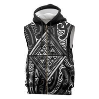 New Zealand Maori Taniko Sleeveless Zip Hoodie Black Kowhaiwhai Puhoro - Polynesian Pride