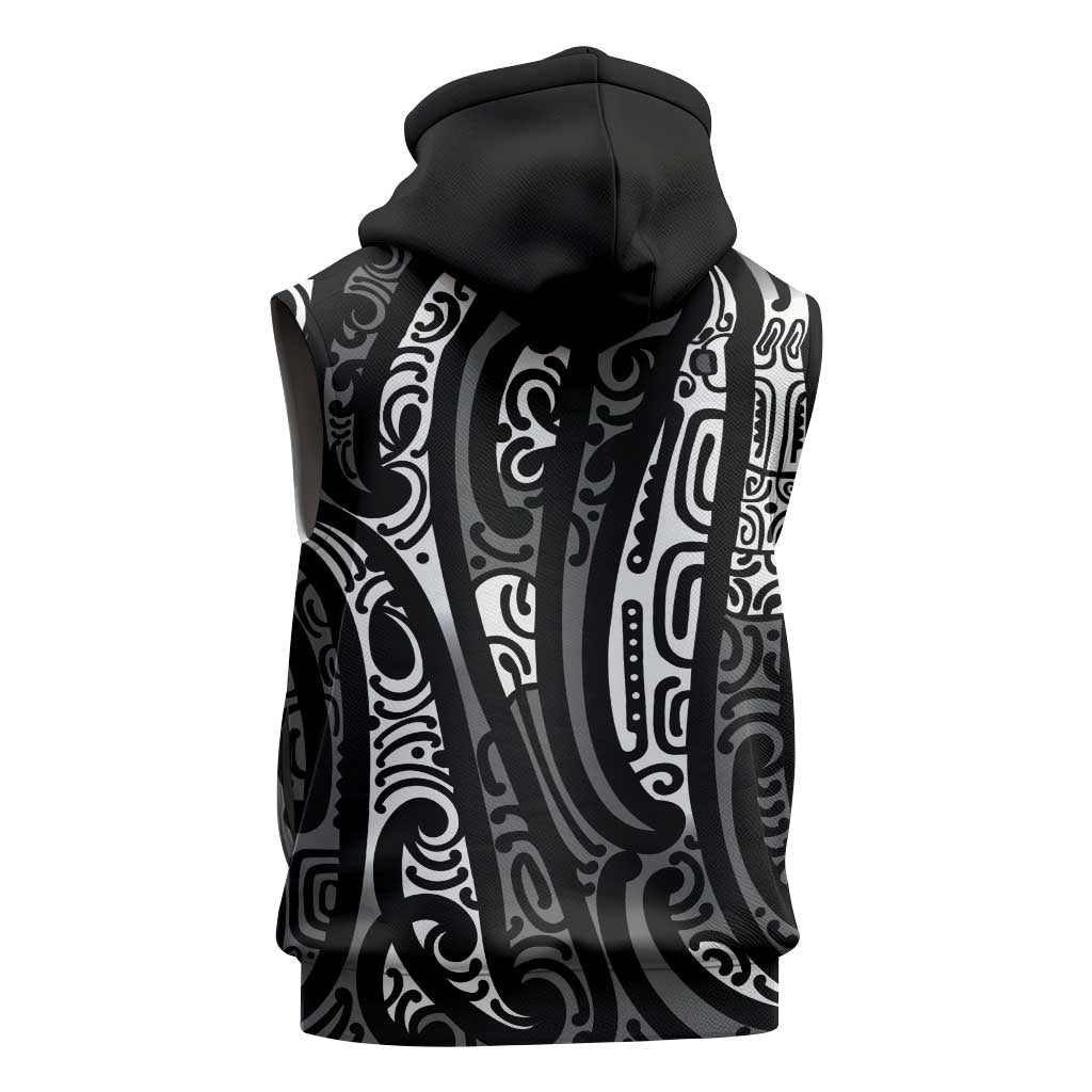 New Zealand Maori Taniko Sleeveless Zip Hoodie Black Kowhaiwhai Puhoro - Polynesian Pride