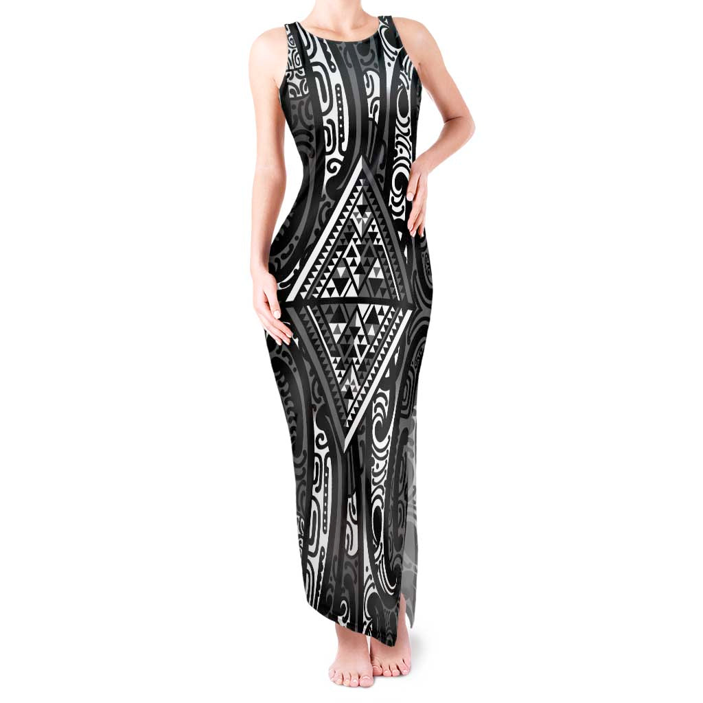 New Zealand Maori Taniko Tank Maxi Dress Black Kowhaiwhai Puhoro