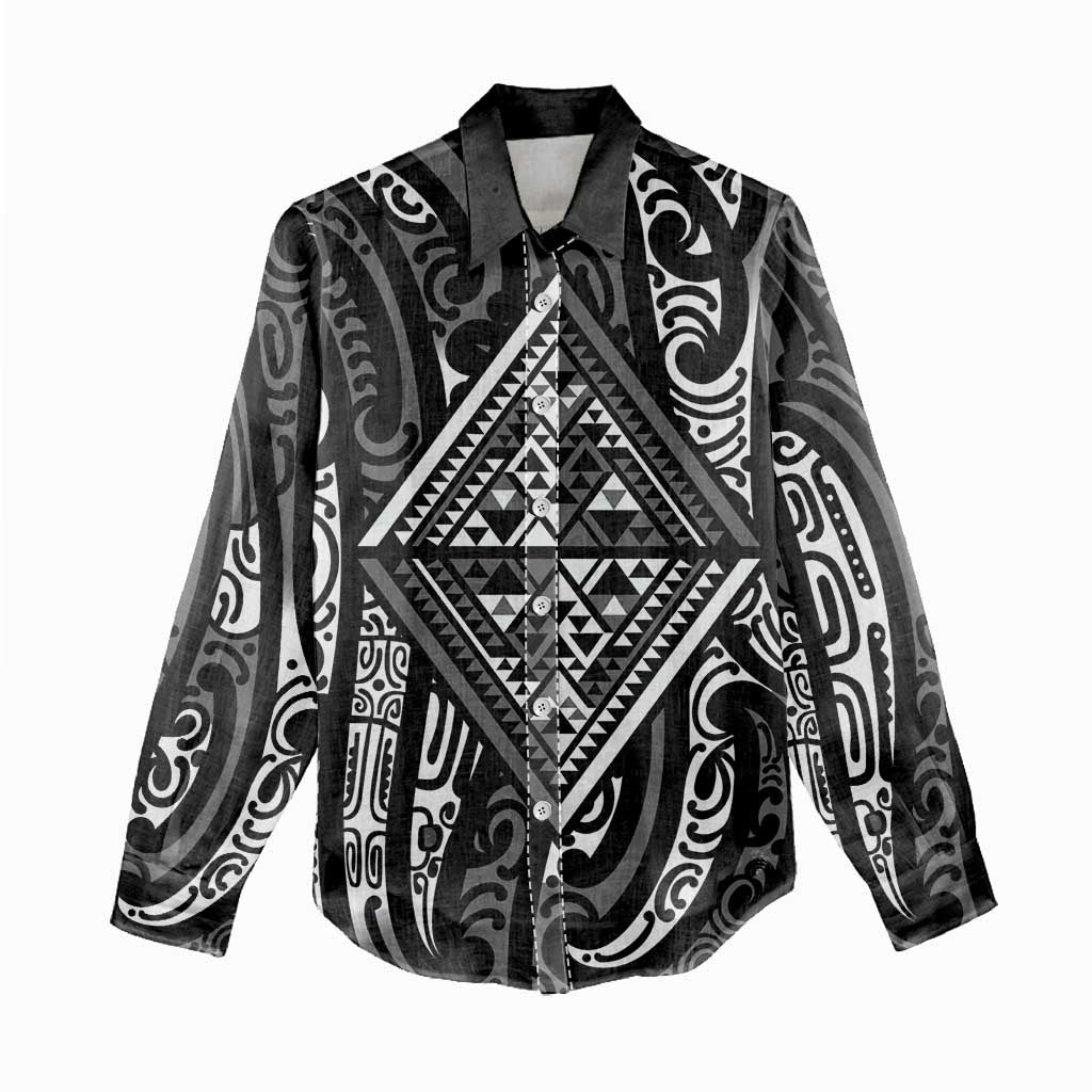 New Zealand Maori Taniko Women Casual Shirt Black Kowhaiwhai Puhoro