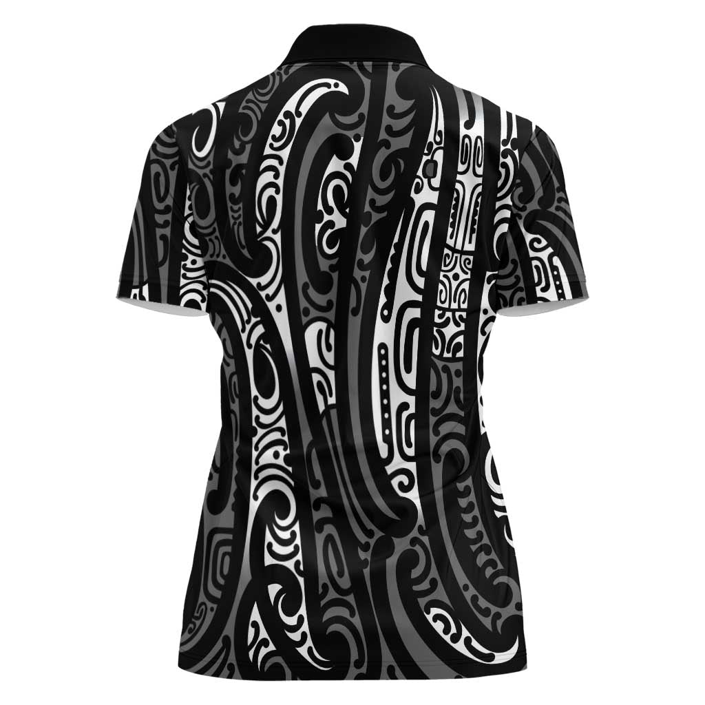 New Zealand Maori Taniko Women Polo Shirt Black Kowhaiwhai Puhoro