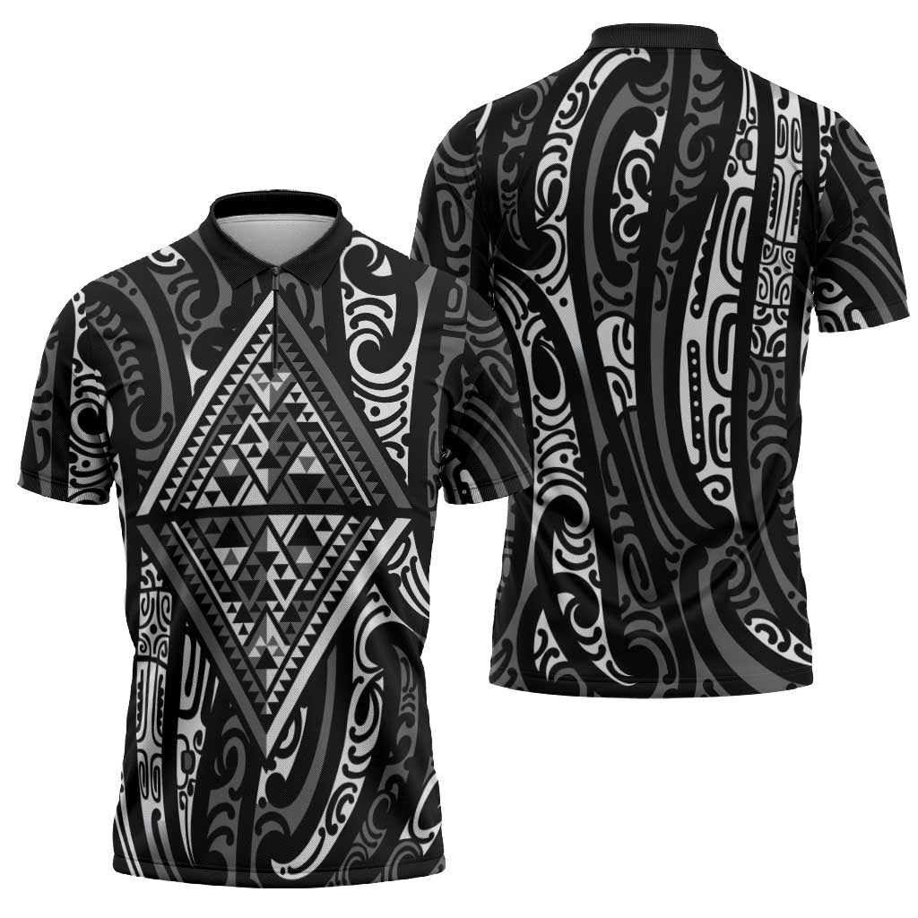 New Zealand Maori Taniko Zipper Polo Shirt Black Kowhaiwhai Puhoro - Polynesian Pride
