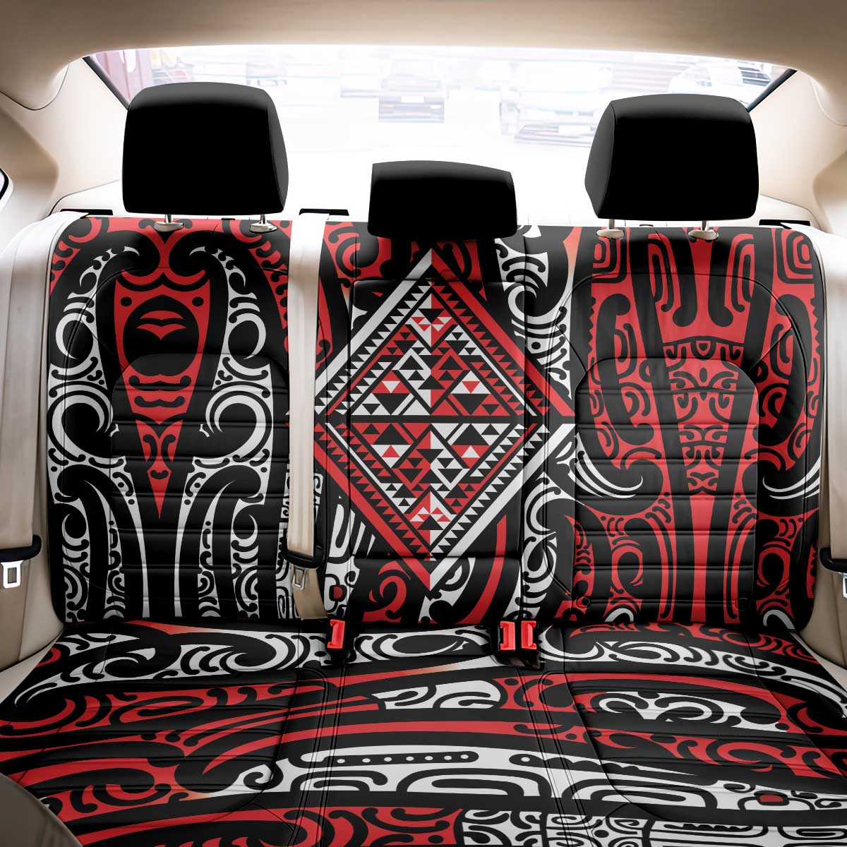 New Zealand Maori Taniko Back Car Seat Cover Red Kowhaiwhai Puhoro