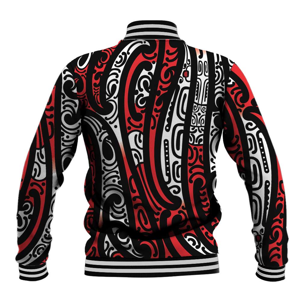 New Zealand Maori Taniko Baseball Jacket Red Kowhaiwhai Puhoro