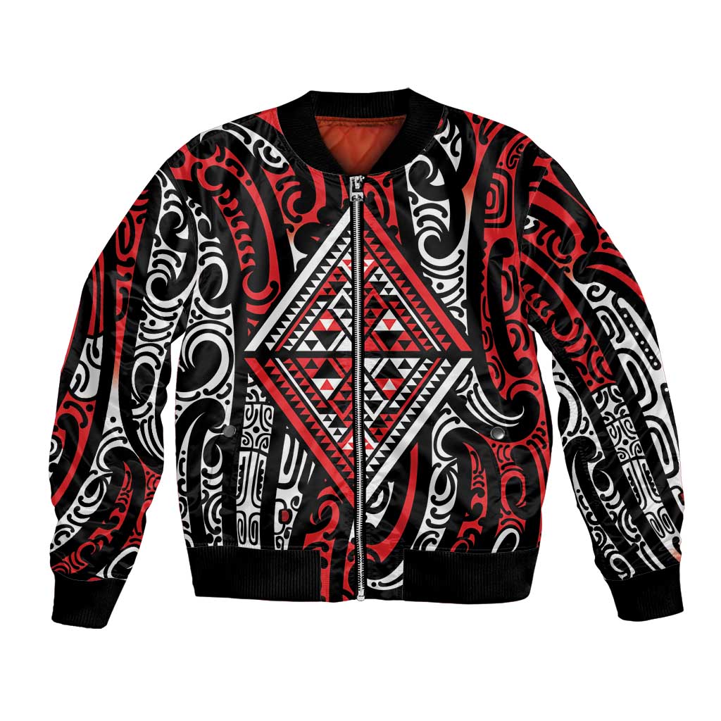 New Zealand Maori Taniko Bomber Jacket Red Kowhaiwhai Puhoro