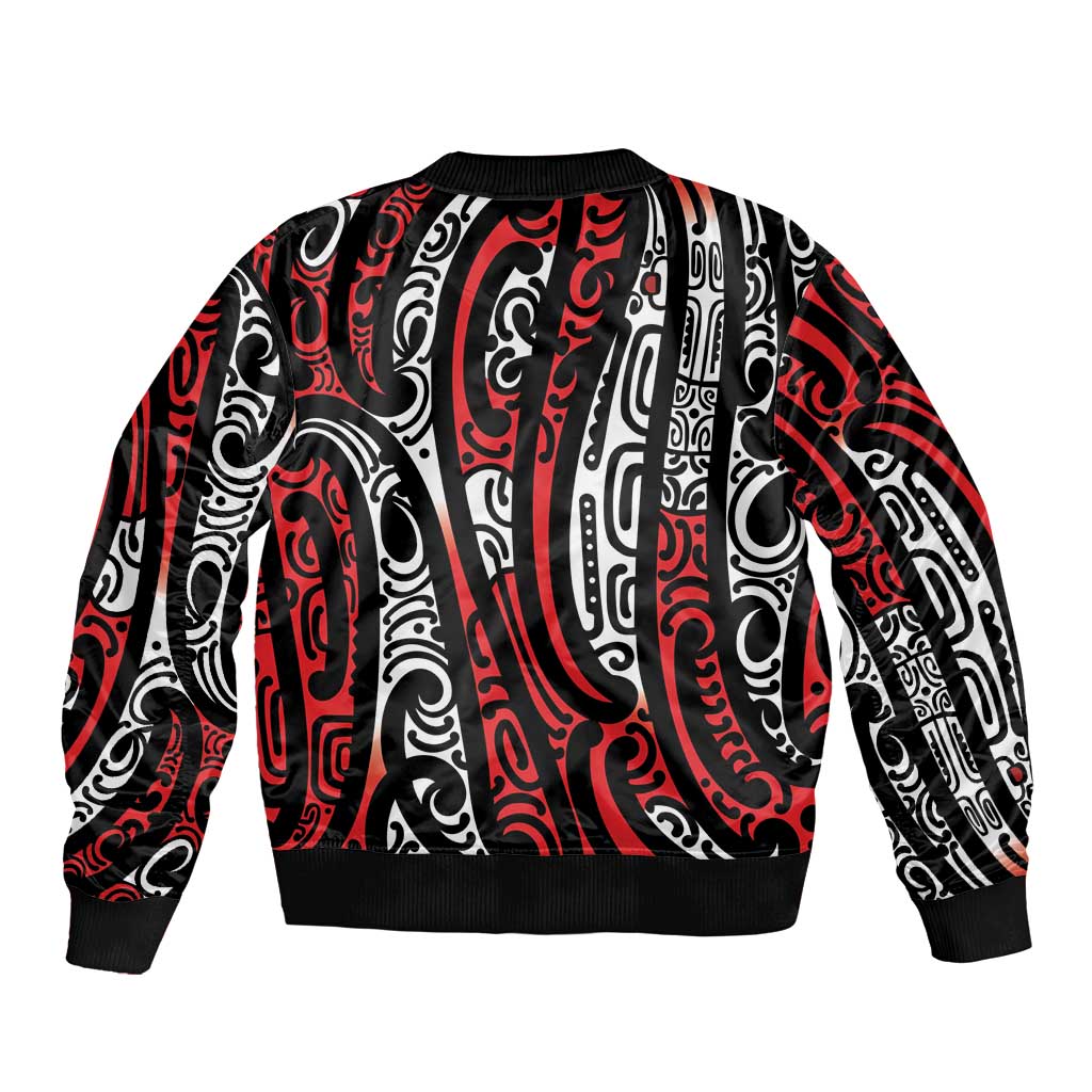 New Zealand Maori Taniko Bomber Jacket Red Kowhaiwhai Puhoro