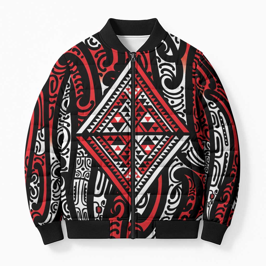 New Zealand Maori Taniko Bomber Puffer Jacket Red Kowhaiwhai Puhoro - Polynesian Pride