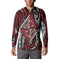 New Zealand Maori Taniko Button Sweatshirt Red Kowhaiwhai Puhoro