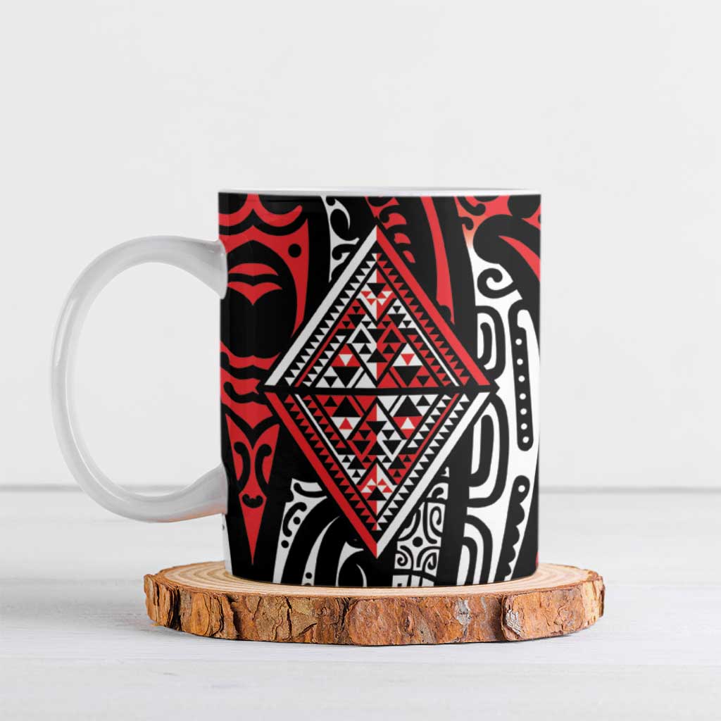 New Zealand Maori Taniko Ceramic Mug Red Kowhaiwhai Puhoro - Polynesian Pride