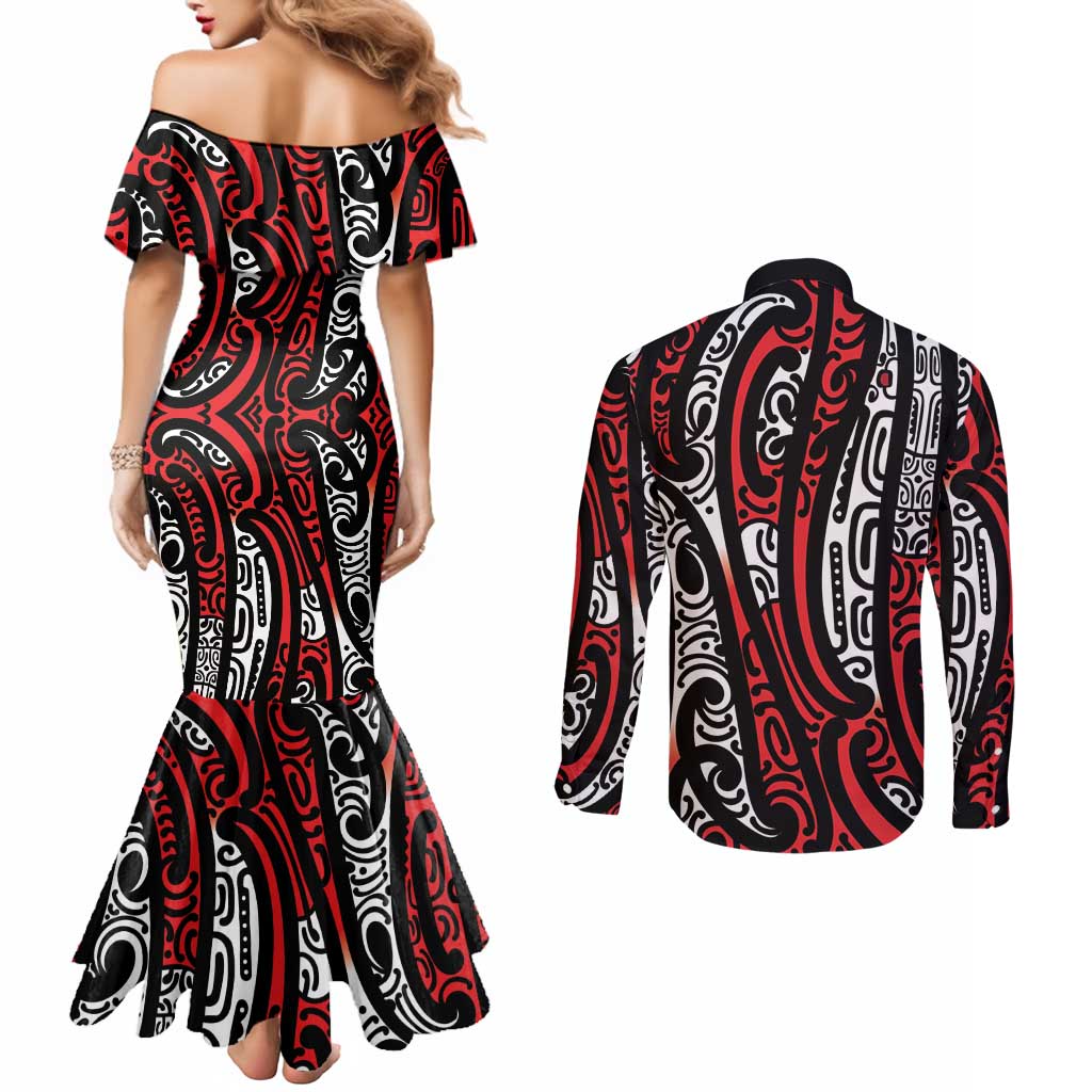 New Zealand Maori Taniko Couples Matching Mermaid Dress and Long Sleeve Button Shirt Red Kowhaiwhai Puhoro