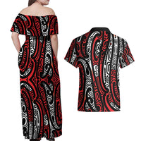 New Zealand Maori Taniko Couples Matching Off Shoulder Maxi Dress and Hawaiian Shirt Red Kowhaiwhai Puhoro