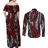 New Zealand Maori Taniko Couples Matching Off Shoulder Maxi Dress and Long Sleeve Button Shirt Red Kowhaiwhai Puhoro