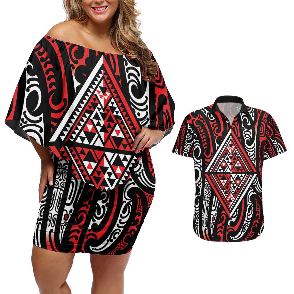 New Zealand Maori Taniko Couples Matching Off Shoulder Short Dress and Hawaiian Shirt Red Kowhaiwhai Puhoro